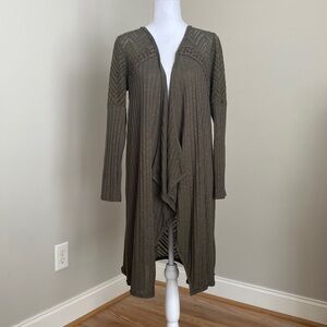 Knox Rose Long Dark Sage Green Casual Knitted Lapel Open Front Sweater​